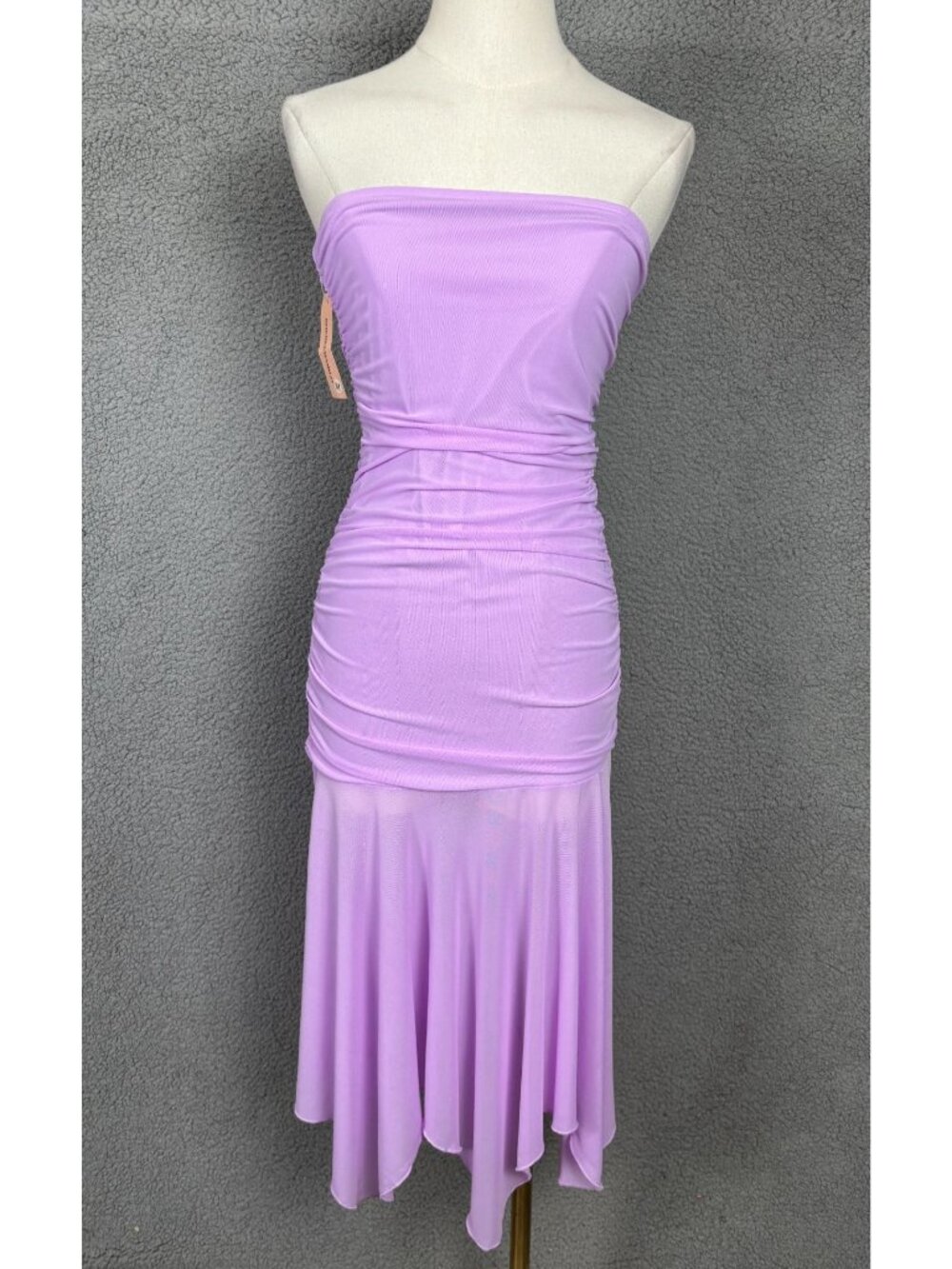 Sheseeworld  Women's Strapless Ruched Mesh Midi Dress Lilac Size Med NWT's